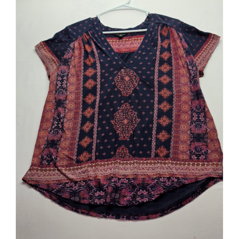 Lucky Brand Womens XL Boho Medallion Print V-Neck Short Sleeve Blouse Navy